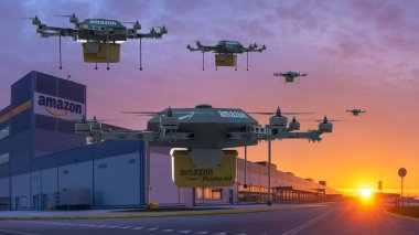 Amazon Prime Air Drone bir lojistik merkezinin arka planına karşı
