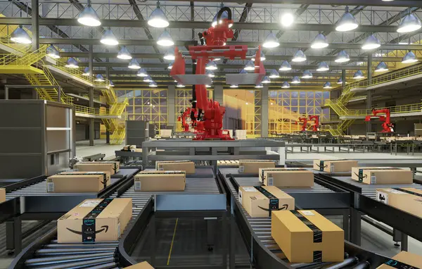 Szczecin, Polonya-Şubat 2024: Amazon lojistik merkezindeki robotlaştırılmış taşıma bandı salonu - bir sanatçının vizyon 3D canlandırması.