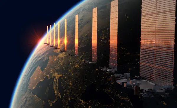 Kedja Kommunikationssatelliter Omloppsbana Runt Jorden — Stockfoto
