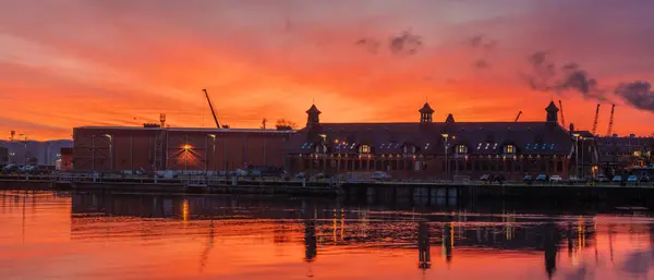 Port Buildings Szczecin Spectacular Sunrise — Stock Photo, Image