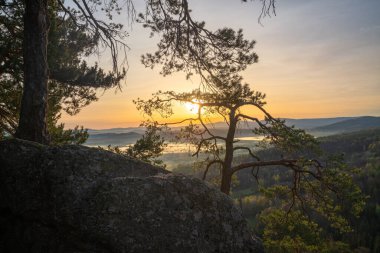 Bir dağ vadisinin puslu manzarası, Karkonosze, Polonya
