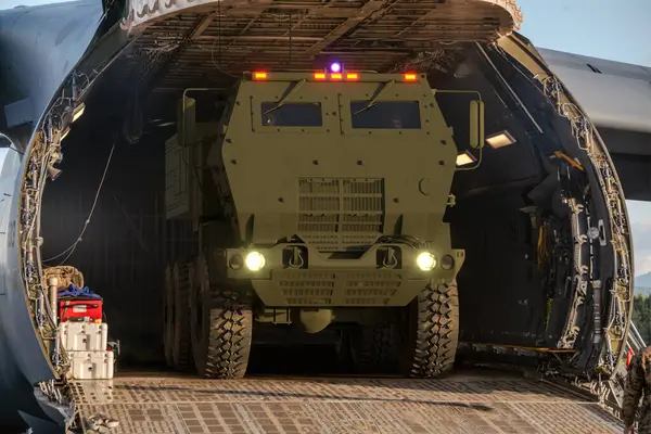 stock image High mobility artillery rocket system transported aboard a transport aircraft