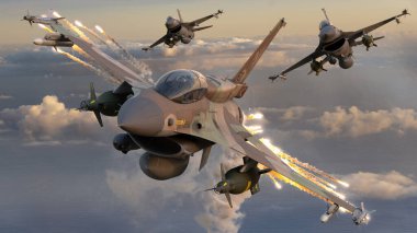 İsrail Hava Kuvvetleri 'nden Lockheed Martin F-16 yakın düzende uçuyor.