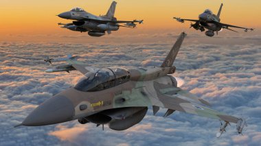 İsrail Hava Kuvvetleri 'nden Lockheed Martin F-16 yakın düzende uçuyor.