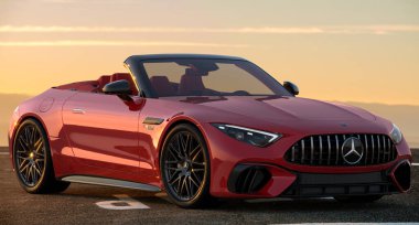 Mercedes-AMG SL 63 Gün batımında deniz kenarındaki bir otoparkta
