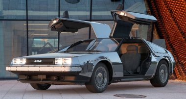 DeLorean DMC-12 - a two-seater sports car mass-produced by DeLorean Motor Company.	