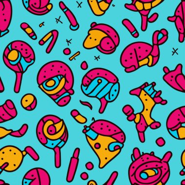 Soyut karikatür elementlerinin kusursuz deseni Kawaii tarzında, çok renkli.