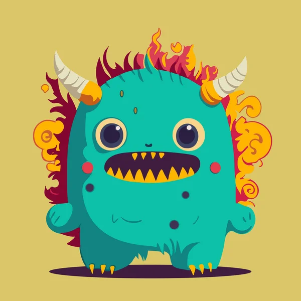 Cartoon Illustratie Van Schattig Groen Monster Met Vuur Eromheen Hij — Stockvector