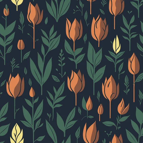 Seamless Pattern Floral Elements Orange Abstract Tulips Green Leaves Flat Royalty Free Stock Vectors