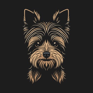Yorkshire Teriyer kafası, şirin köpek yavrusu, logo olarak kullanılabilir, siyah arka planda izole edilmiş.