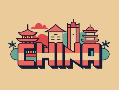 Iconic Architectural Elements and Cultural Symbols içeren Çin Typography, logo veya tişört baskısı olarak kullanılabilir