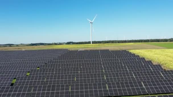 Zonneboerderij Windturbines Vanuit Lucht Zonne Energie Panelen Fotovoltaïsche Windpark Zonne — Stockvideo