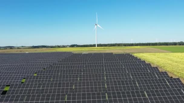 太阳能农场和风力涡轮机航空视图 太阳能电池板 光伏和风力发电场 靠近农作物的太阳能发电厂 可持续资源和替代电力的概念 — 图库视频影像