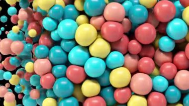 Ekranı dolduran parlak balonlar. Balonlar sağdan sola kayıyor. 3B görüntüleme.