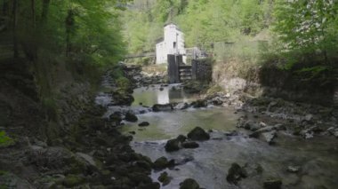 Nehirde kayaların arasında küçük bir baraj. Dağlarda bir dere. Taubenlochschlucht, Taubenloch Gorge, Biel / Bienne, İsviçre