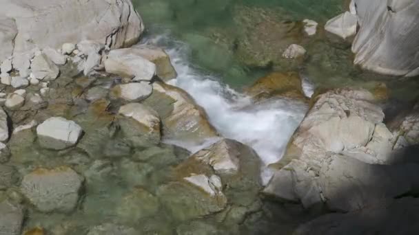 Kalter Und Schneller Gebirgsfluss Der Felsen Fließt Und Weißen Schaum — Stockvideo