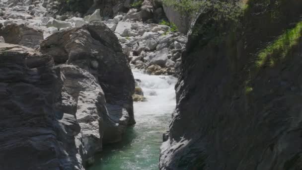 寒さと速い山の川の岩の周りを通過し 白い泡の渦を作る ヒンターライン川 ヴィアマラ渓谷 ヴィアマラ シュルヒト スイスのグラブンデン州 — ストック動画