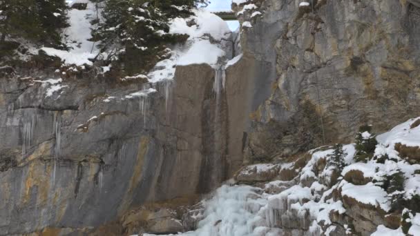 Freezing Waterfall Snowy Mountains Crystal Clear Icicles Frozen Snowy Waterfall — Stock Video