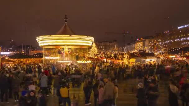 Carousel Time Lapse Christmas Market Night Night Illumination Christmas Eve — Stock Video