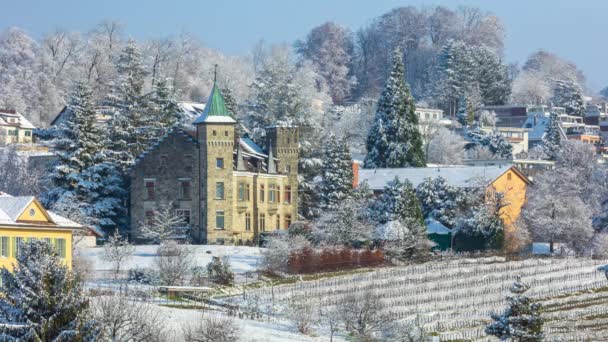 Zeitraffer Alte Europäische Villa Mit Schnee Bedeckt Oberengstringen Kanton Zürich — Stockvideo
