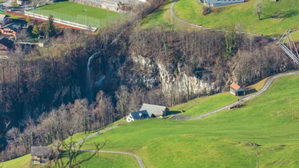 Time Lapse Aerial View Waterfall Small Town Amden Canton Gallen — Stock Video
