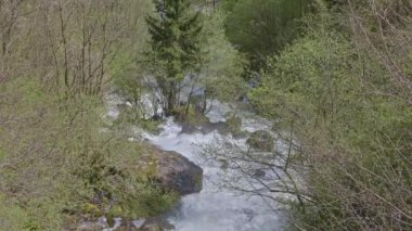 Dağlarda şelale. Taşların etrafında akan su. Naefels yakınlarındaki Rauti şelalesi, Kanton Glarus, İsviçre.