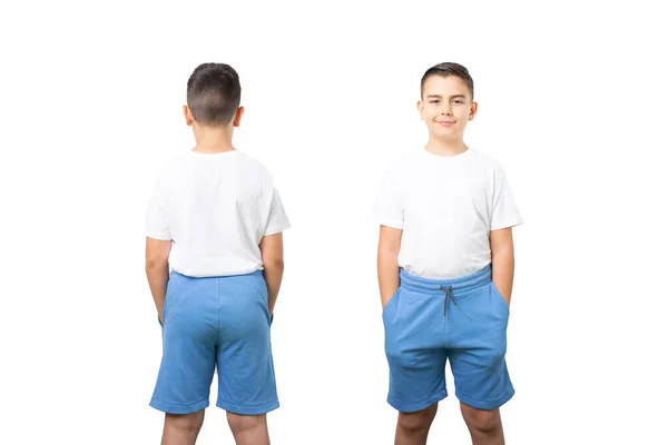Bílé Tričko Modré Šortky Mladém Chlapci Izolované Pohled Zepředu Zezadu — Stock fotografie