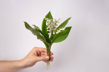 Elinde vadideki zambak buketini tut. Doğa. bahar çiçekleri