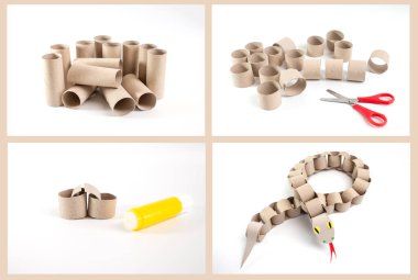 Beyaz bir yüzeyde tuvalet kağıdı rulosundan yapılmış bir yılan, geri dönüşüm kartonu, DIY, özel ders, çocuklar için eğitim sanatı, kağıt zincirli piton oyuncağı