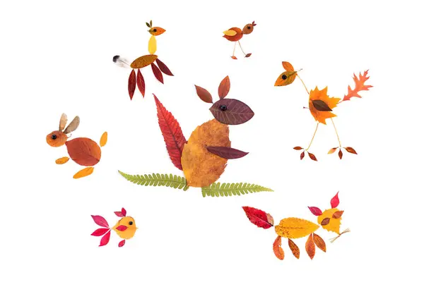 autumn nature craft for kids, animals made of dry leaf, top view, activity for children, flat lay