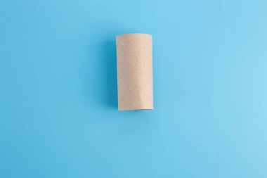 Mavi bir yüzeye bir rulo tuvalet kağıdı, sanat, minyatür ladin ağaçları, oyuncak paketi, çocuk ve anaokulu için geri dönüştürülmüş ya da atık kağıt konsepti, DIY, özel ders