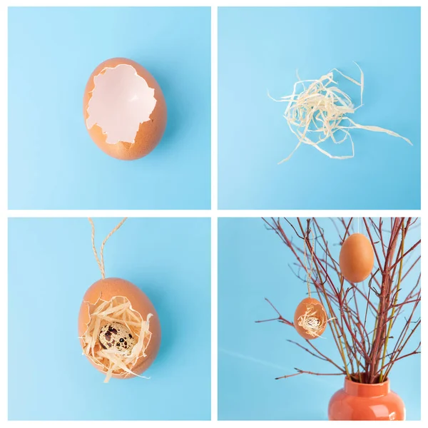 spring craft process from an egg shell, conceptual art, branches, blue background, handmade Easter decoration for home concept