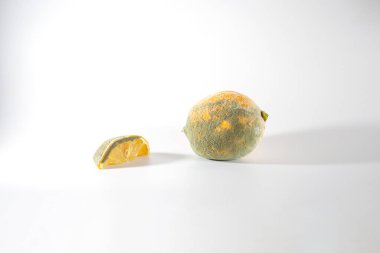 Küflü bir limon, pastel, nem kalıbı, gri deri, geniş açı, yeşilimsi renk, biraz da kırışık., 