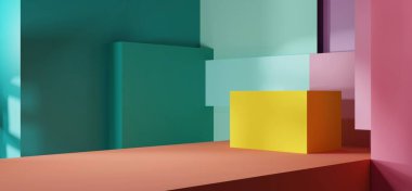 Karmaşık hacimli aydınlatma tarafından yaratılmış gölgeler ve yansımalar. Canlı sarı blok, ince pembe blokla tamamlanmış turkuaz arka plana karşı kontrasttır. Minimalist kompozisyon, ayağa kalk