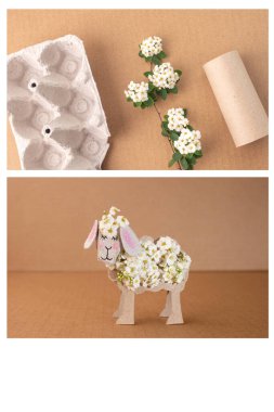 Whimsical sheep DIY project, egg carton box, toilet paper roll tube, flowers, recycling art, for children. Simple spring activity creativity. step-by-step tutorial for engaging process art experience clipart