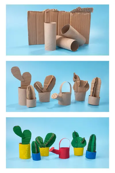 stock image a group of cactus plants made out of toilet paper, cardboard, watering can, pot, a paper cutout garden, gardening, DIY