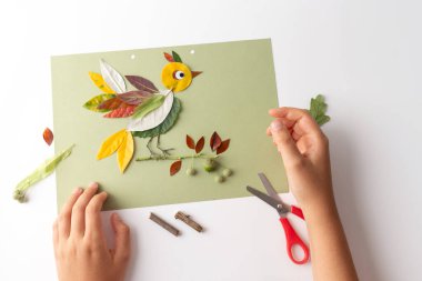 Bir el, kuşun bacaklarını temsil etmesi için yapraklı ince bir gövde yerleştiriyor. Masada makas ve ek yapraklar da görünüyor, bu da devam eden bir çalışma olduğunu gösteriyor. Okul çocukları el işi projesi. sonbahar