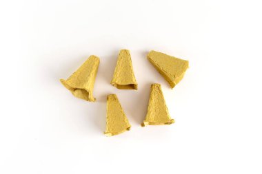 Kırık parça geri dönüşüm boş yumurta kutusu düz bir arka planda, kağıt işçiliği projesinin bir parçası 