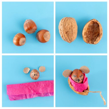 Yaratıcı sonbahar temalı fare zanaatı, açık mavi arka planda pembe kağıtla fındık kabuğundan bir yatakta uyumak. Sevimli, hoş bir dekor. El yapımı büyüleyici bir tasarımı vurguluyor. DIY, öğretici, öğretici