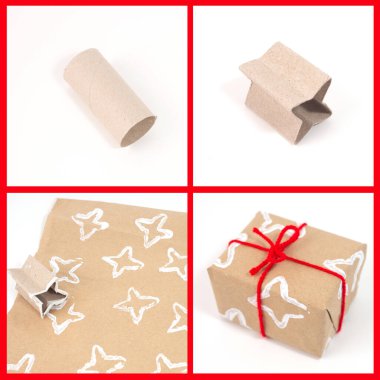 Stars made from folded toilet paper rolls, DIY activity for kids, showing how to create original wrapping paper. Craft project using eco-friendly materials, creative stamping technique clipart