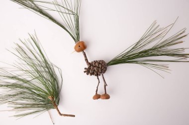 Yaratıcı süreçte adım, DIY, çam kozalakları ve dallardan yapılmış el yapımı kuş, kuşun kuyruğu bir yelpaze gibi dışa doğru uzanan çam iğneleri kümeleriyle temsil edilir. Sanat yaratmak için elementler