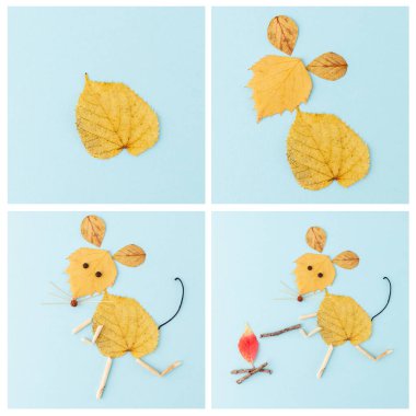 Autumn nature craft for kids, mouse made of dry leaves, top view, activity for children, step by step instruction, tutorial, DIY, recycle concept, nature materials from forest, fall leaf Nature walk,  clipart