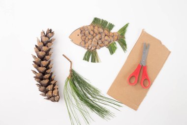 imaginative use of natural materials to create art, showcasing creativity and resourcefulness. how to make fish from seed scales, DIY, step in creative process, image of lesson clipart