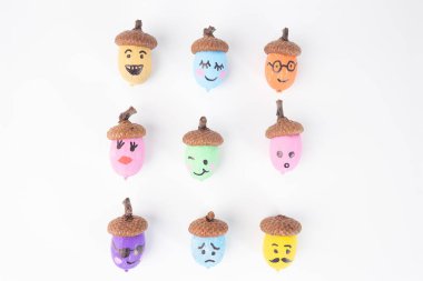 Beyaz arka planda düzenlenmiş boyanmış meşe palamudu koleksiyonu. Üst Manzara. Her meşe palamudunun farklı bir yüz ifadesi vardır ve farklı renklerde boyanmıştır.