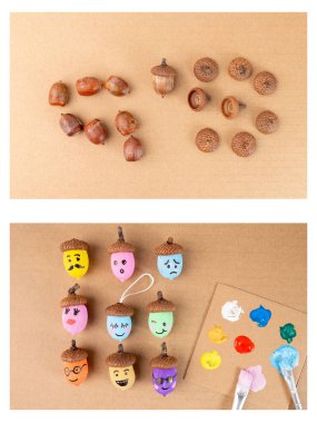 Yüzleri olan canlı meşe palamudu ve kahverengi arka planda boya malzemelerini takip etmek kolay. Eğlence amaçlı DIY zanaat fikirlerini, mevsimsel dekorasyon ilhamını ve yaratıcı sonbahar temalı tasarım projelerini vurgulamak