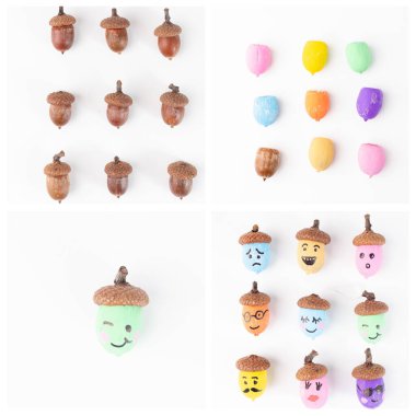 Çocuklar için sonbahar doğa zanaatı, meşe palamudundan yapılmış heykelcik, çocuklar için etkinlik, adım adım talimatlar, meşe palamutları turuncu, sarı, pembe, mavi ve yeşil tonlarda renklendirilmiştir.