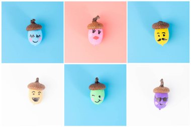 Her biri farklı renklere ve yüz ifadelerine sahip altı meşe palamudu. Meşe palamutları 3x2 ızgarada dizilmiş. yaratıcılık çeşitli duygu ve karakterleri temsil eder..