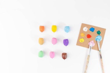 Palet ve fırçaların yanında el yapımı meşe palamutları, sonbahar sanatı DIY konsepti, yaratıcı sonbahar dekorasyonu, posterler ve kartlar için düz konum, üst görünüm, beyaz arka plan