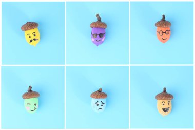 Her biri farklı renklere ve yüz ifadelerine sahip altı meşe palamudu. Meşe palamutları açık mavi arka planda 3x2 ızgara şeklinde dizilmiştir. yaratıcılık çeşitli duygu ve karakterleri temsil eder..