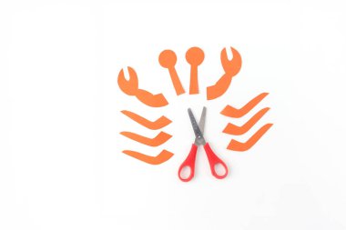 step in creative process, an arrangement of orange paper cutouts on a white background. resemble a stylized crab. large claw shapes at the top, context of art or design. top view scissors clipart